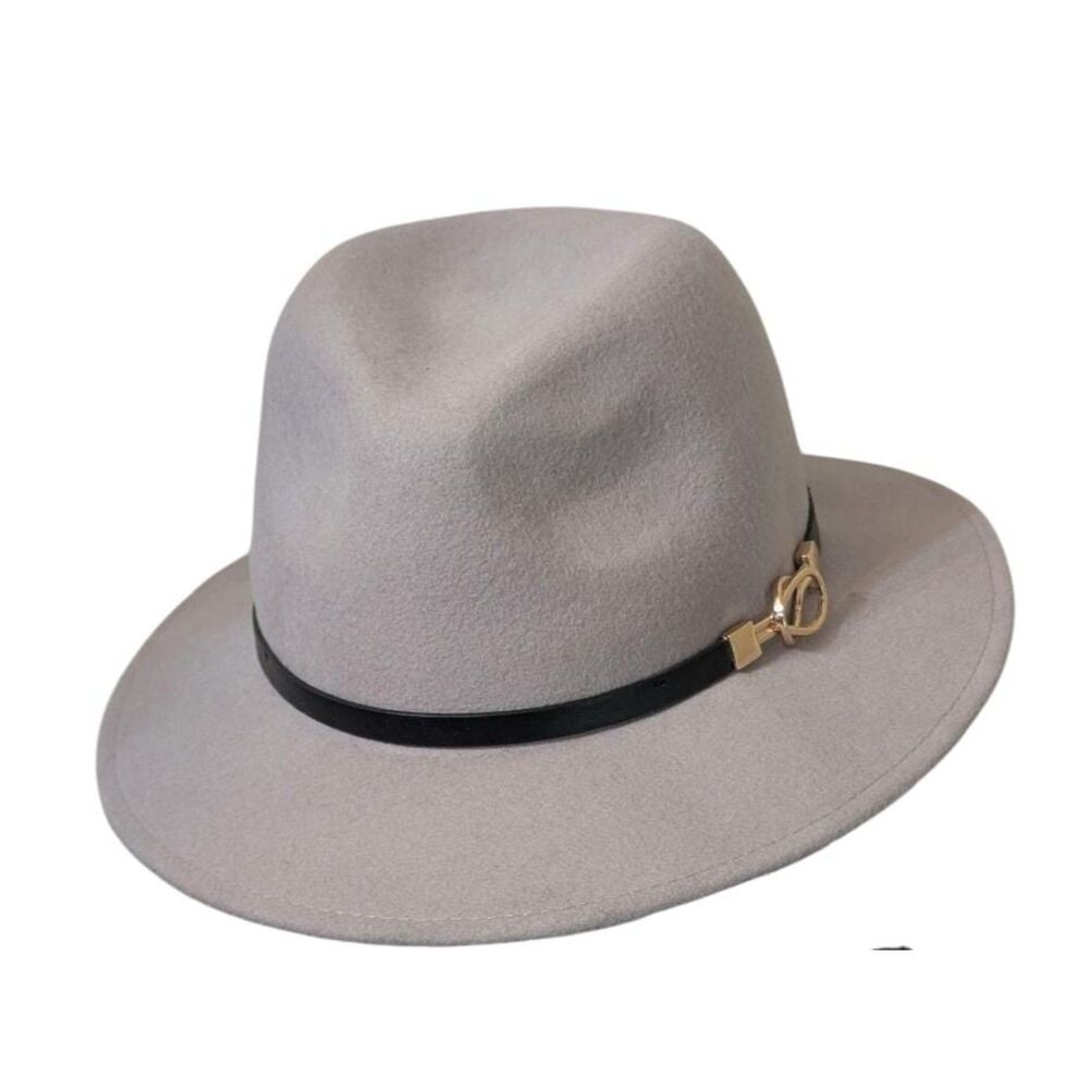 Daesan 100% Wool Felt Fedora Hat Gray with Faux Leather Band & Gold Buckle